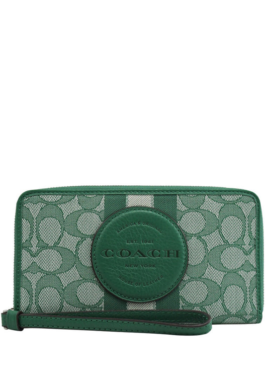 Coach Dempsey Large Phone Wallet In Signature Jacquard With Stripe And Coach Patch - Green