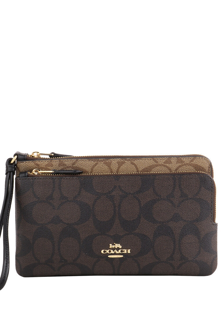 Coach Double Zip Wallet In Blocked Signature Canvas - Brown/Multi