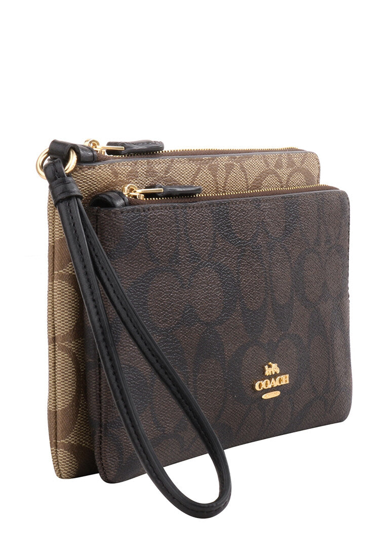 Coach Double Zip Wallet In Blocked Signature Canvas - Brown/Multi