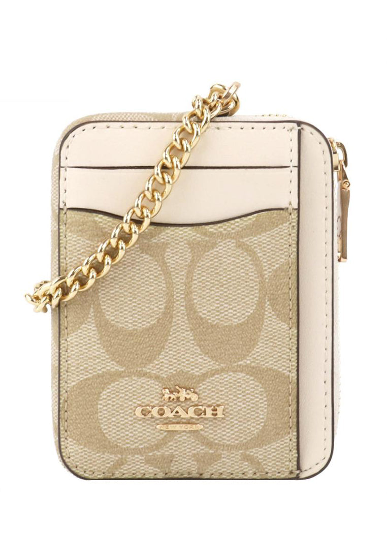 Coach Zip Card Case In Signature Canvas - Light Brown/Whit