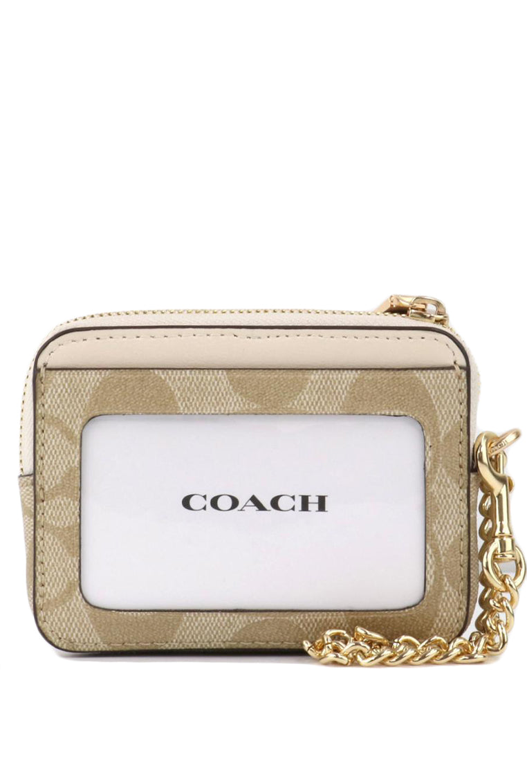 Coach Zip Card Case In Signature Canvas - Light Brown/Whit