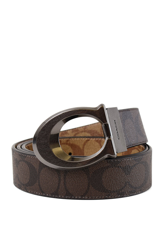 Coach Mens Sculpted Signature Buckle Cut To Size Reversible Belt 38MM - Mahogany/Brown