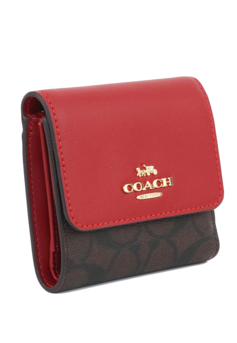 Coach Small Trifold Wallet In Blocked Signature Canvas - Dark Brown/Red