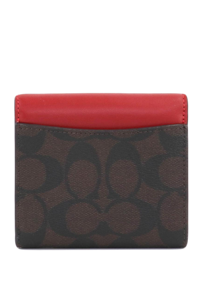 Coach Small Trifold Wallet In Blocked Signature Canvas - Dark Brown/Red