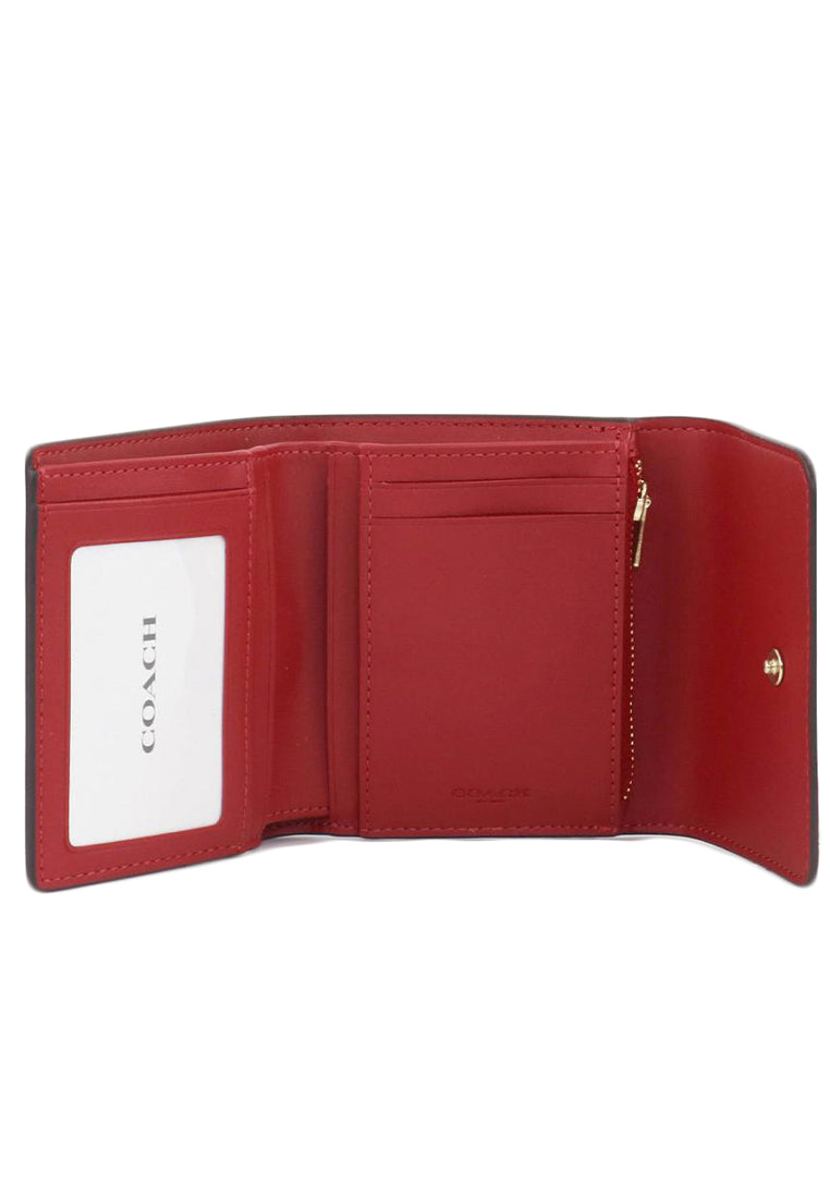 Coach Small Trifold Wallet In Blocked Signature Canvas - Dark Brown/Red