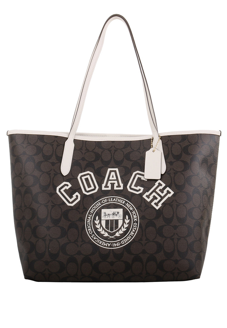 Coach City Tote In Signature Canvas With Varsity Motif - Dark Brown/White