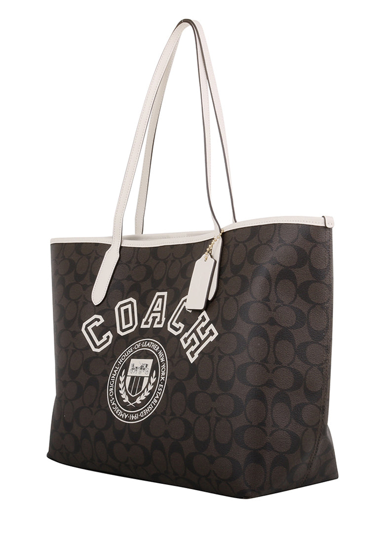 Coach City Tote In Signature Canvas With Varsity Motif - Dark Brown/White