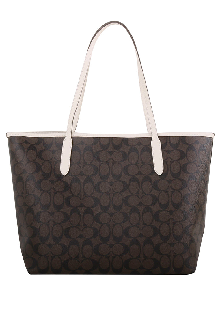 Coach City Tote In Signature Canvas With Varsity Motif - Dark Brown/White