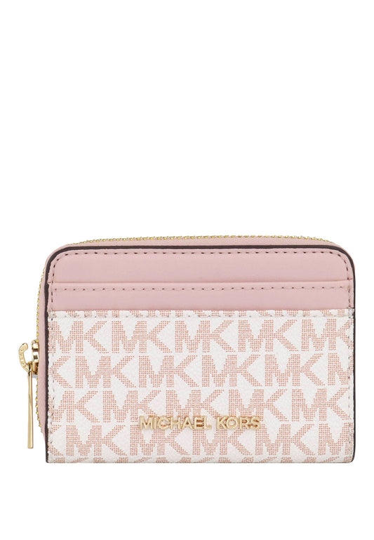 Michael Kors Jet Set Travel Medium Zip Around Card Case In Signature - White/Powder Blush