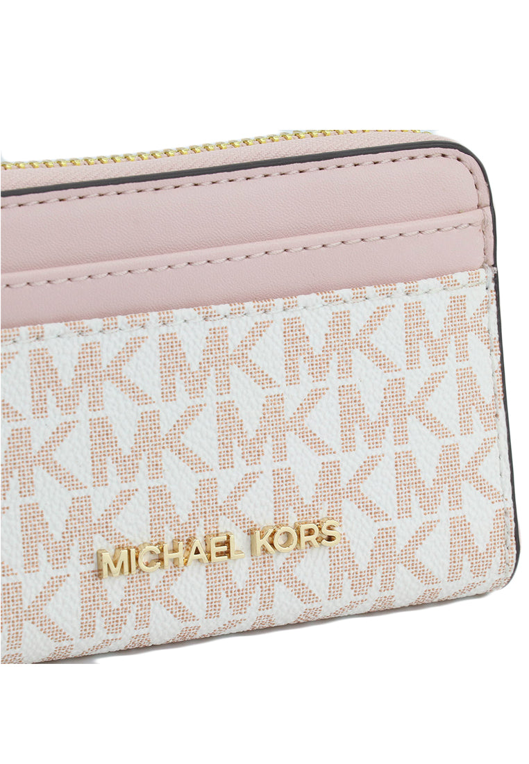 Michael Kors Jet Set Travel Medium Zip Around Card Case In Signature - White/Powder Blush