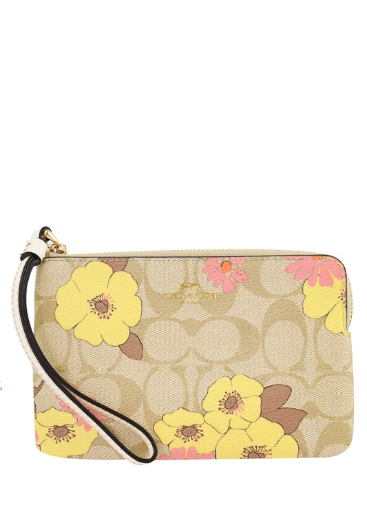 Coach Corner Zip Wristlet In Signature Canvas With Floral Cluster Print - Light Brown/Multi