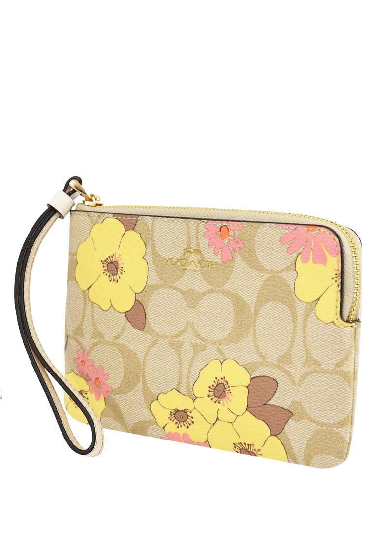 Coach Corner Zip Wristlet In Signature Canvas With Floral Cluster Print - Light Brown/Multi