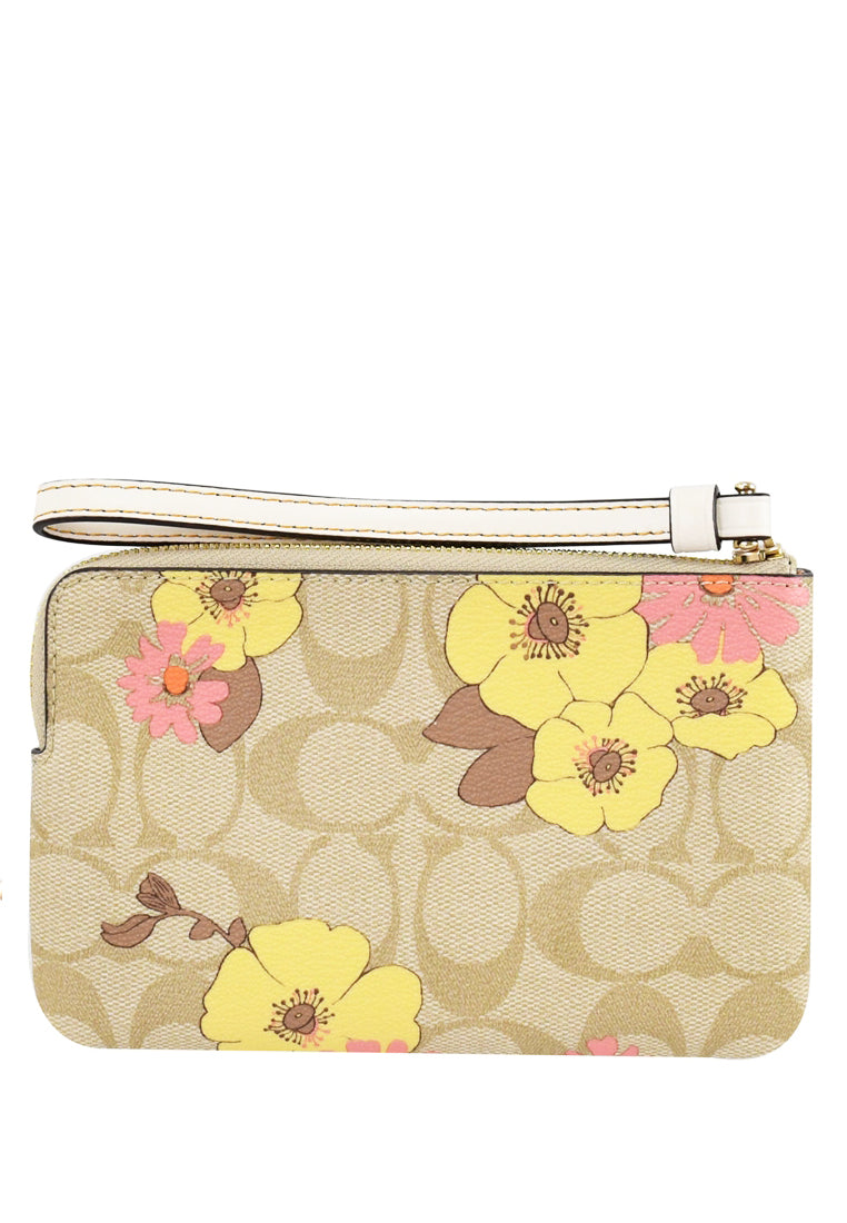 Coach Corner Zip Wristlet In Signature Canvas With Floral Cluster Print - Light Brown/Multi