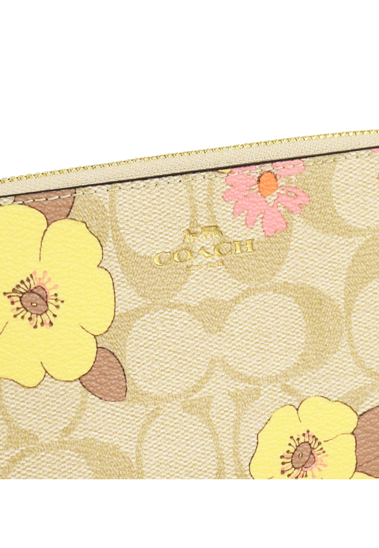 Coach Corner Zip Wristlet In Signature Canvas With Floral Cluster Print - Light Brown/Multi