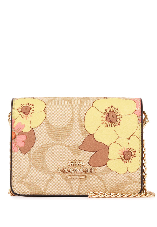 Coach Mini Wallet On A Chain in Signature Canvas With Floral Cluster Print - Light Brown/Multi