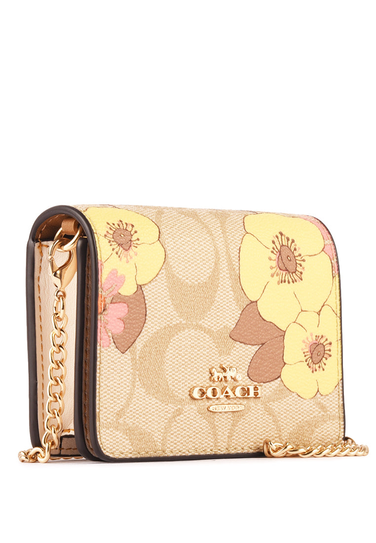 Coach Mini Wallet On A Chain in Signature Canvas With Floral Cluster Print - Light Brown/Multi