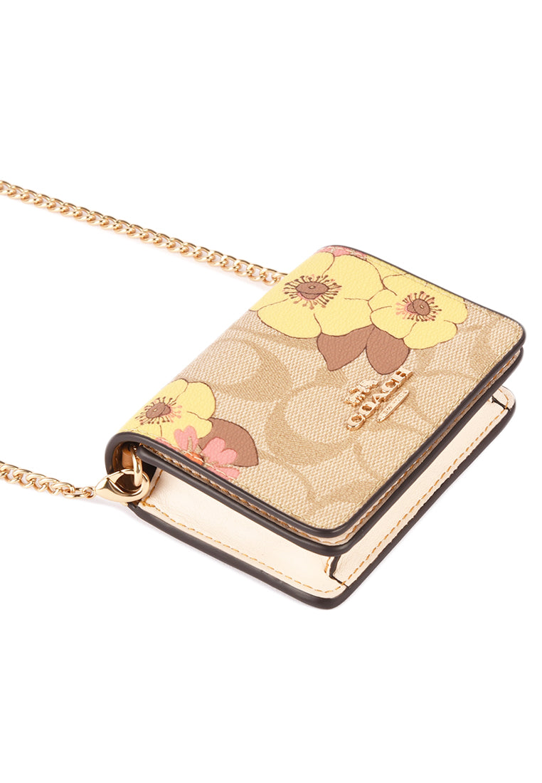 Coach Mini Wallet On A Chain in Signature Canvas With Floral Cluster Print - Light Brown/Multi