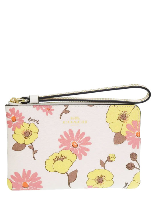 Coach Corner Zip Wristlet With Floral Cluster Print - White/Multi