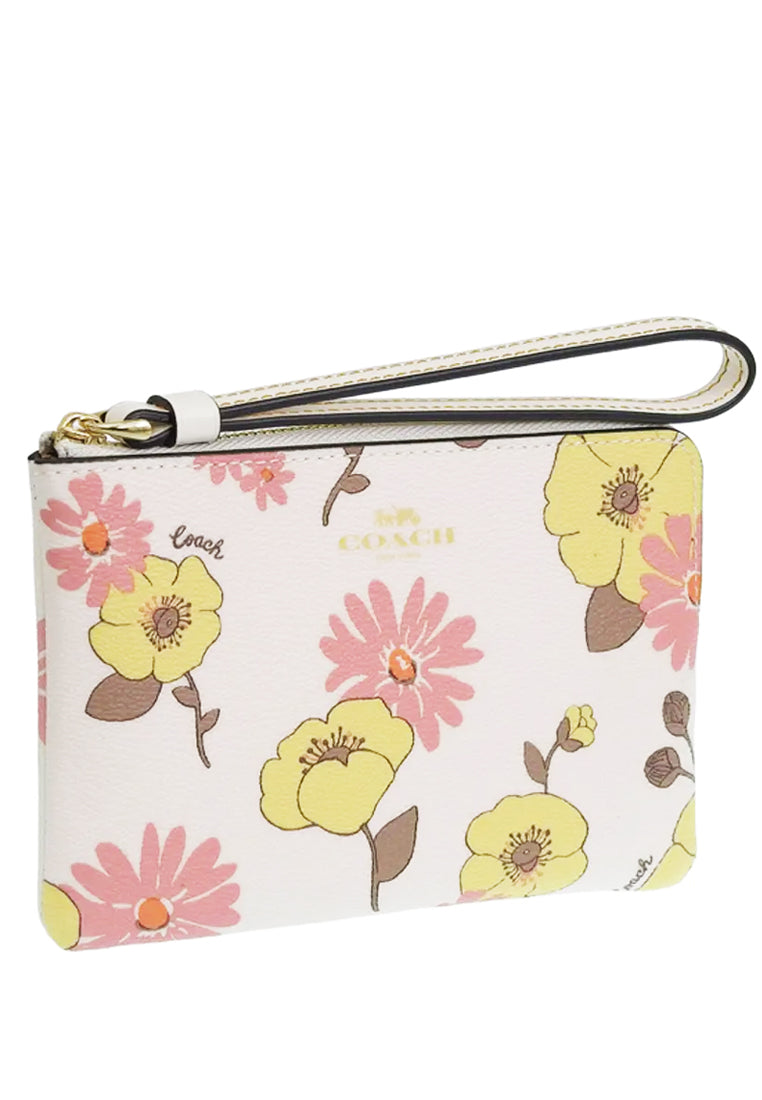 Coach Corner Zip Wristlet With Floral Cluster Print - White/Multi