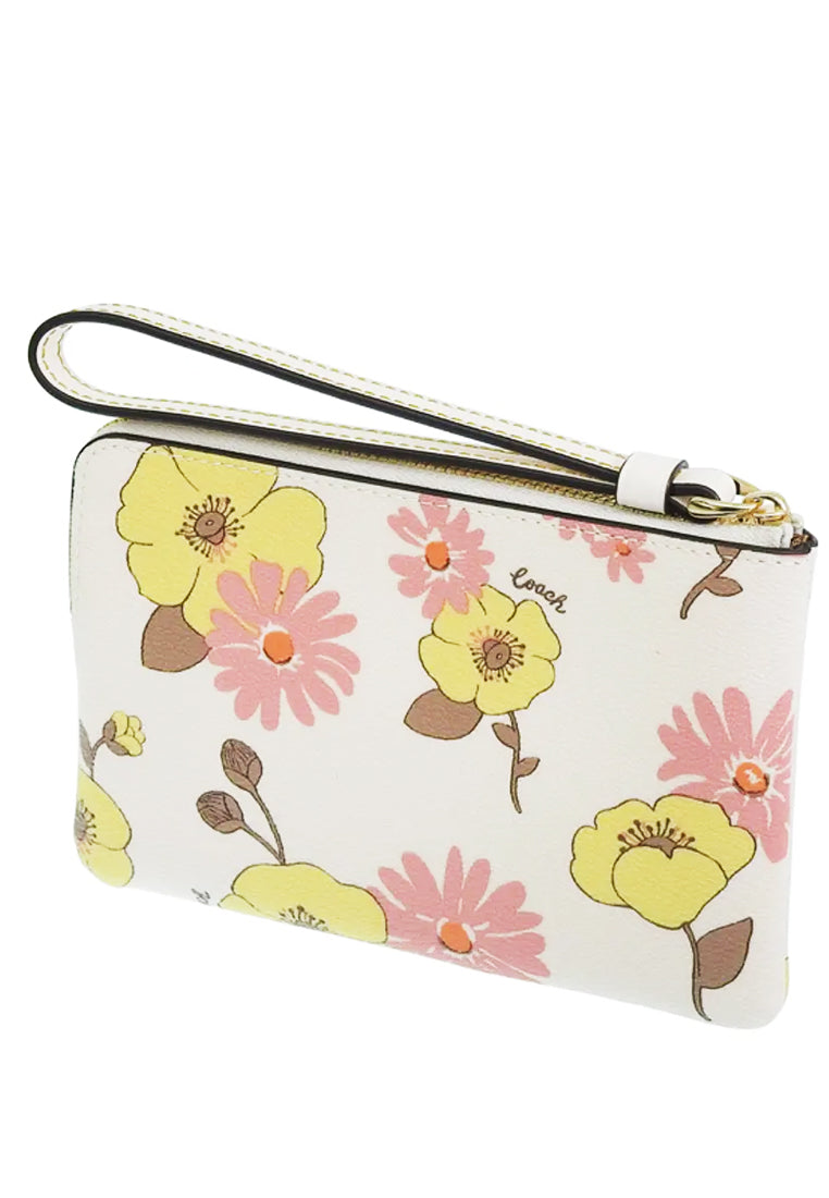 Coach Corner Zip Wristlet With Floral Cluster Print - White/Multi