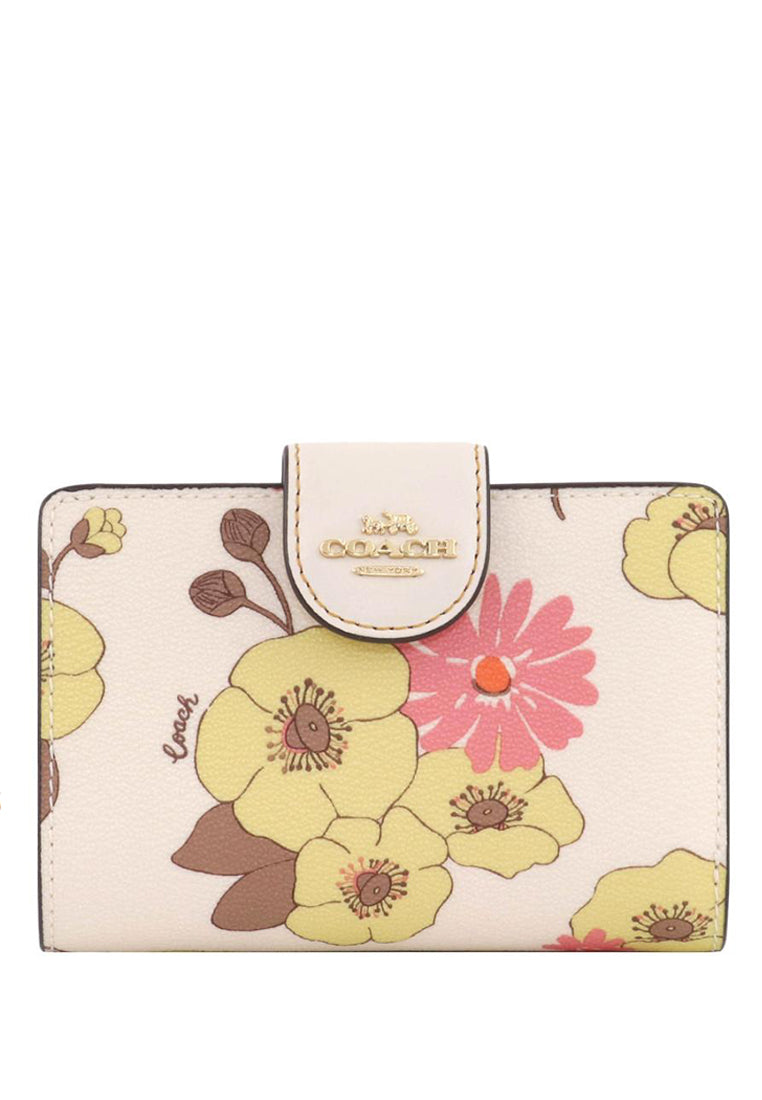 Coach Medium Corner Zip Wallet With Floral Cluster Print - White/Multi