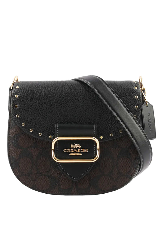 Coach Morgan Saddle Bag In Colorblock Signature Canvas With Rivets in Brown Black Multi (CE567)