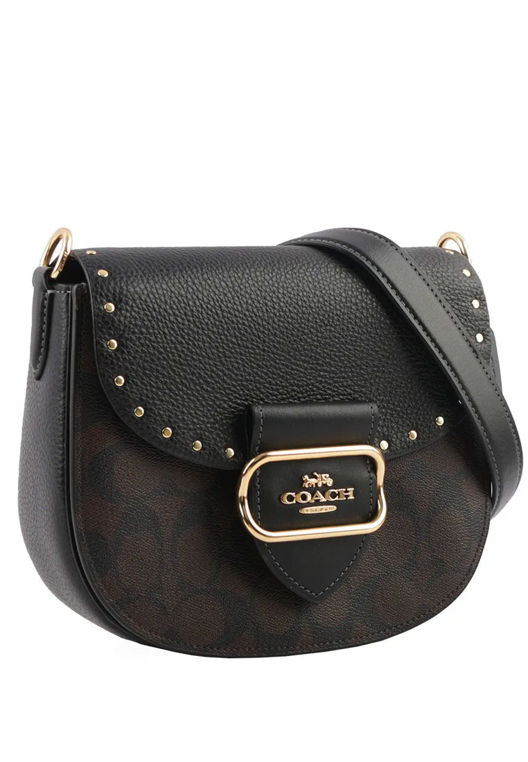 Coach Morgan Saddle Bag In Colorblock Signature Canvas With Rivets in Brown Black Multi (CE567)