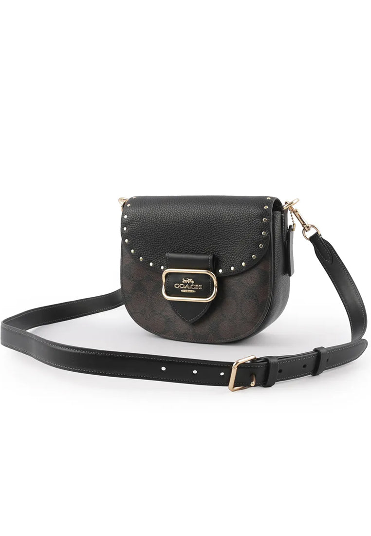 Coach Morgan Saddle Bag In Colorblock Signature Canvas With Rivets in Brown Black Multi (CE567)