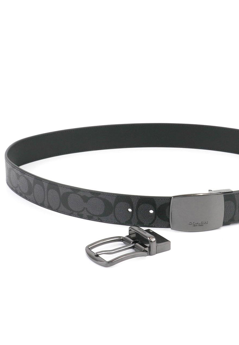 Coach Mens Boxed Harness Plaque Reversible Belt In Signature Canvas - Black