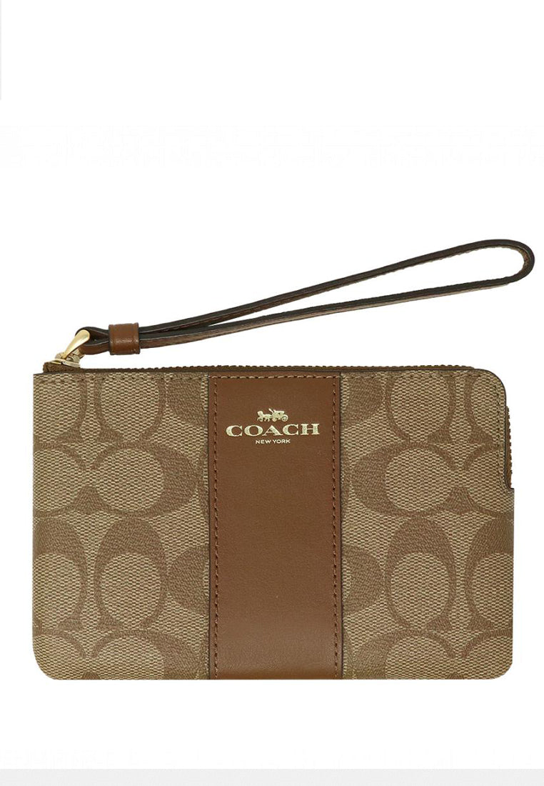 Coach Corner Zip Wristlet In Signature Canvas - Brown