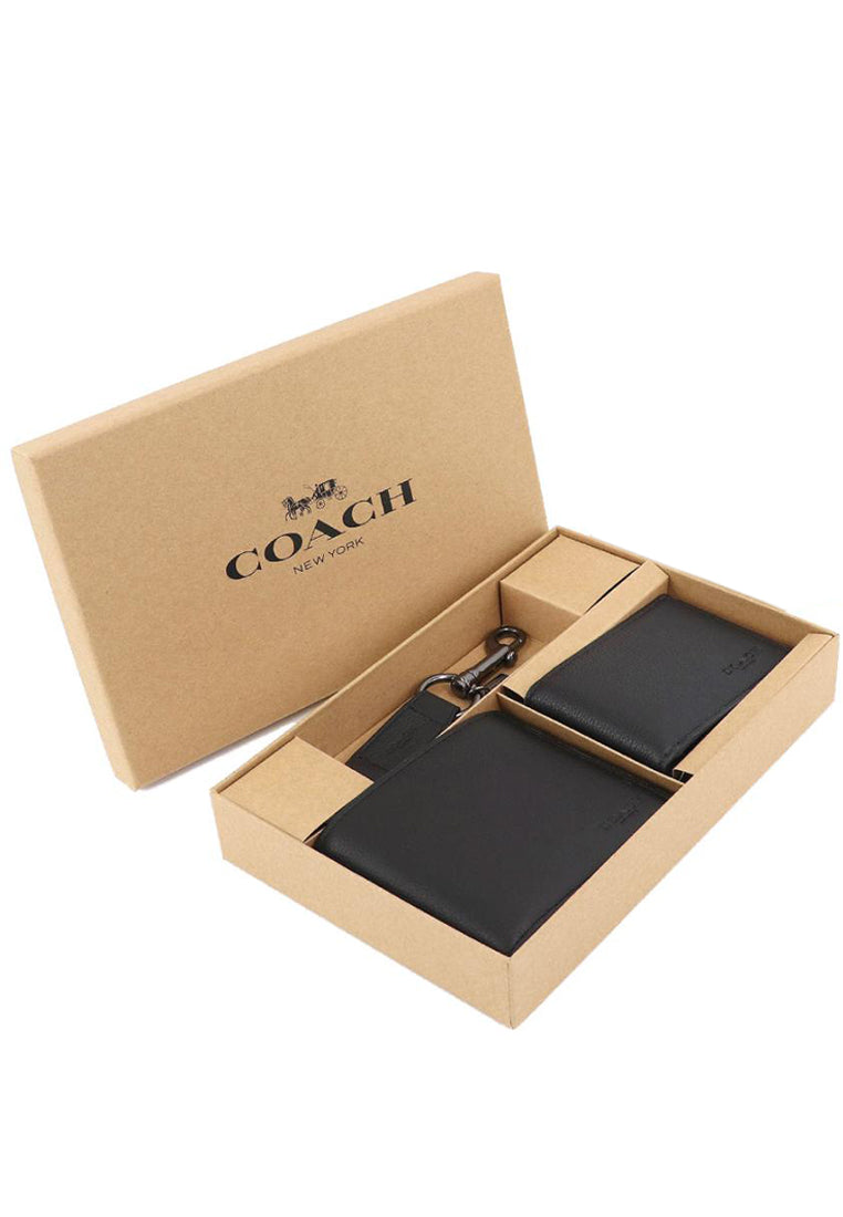 Coach Mens Boxed Compact Id Wallet With Trigger Snap Key Fob - Black