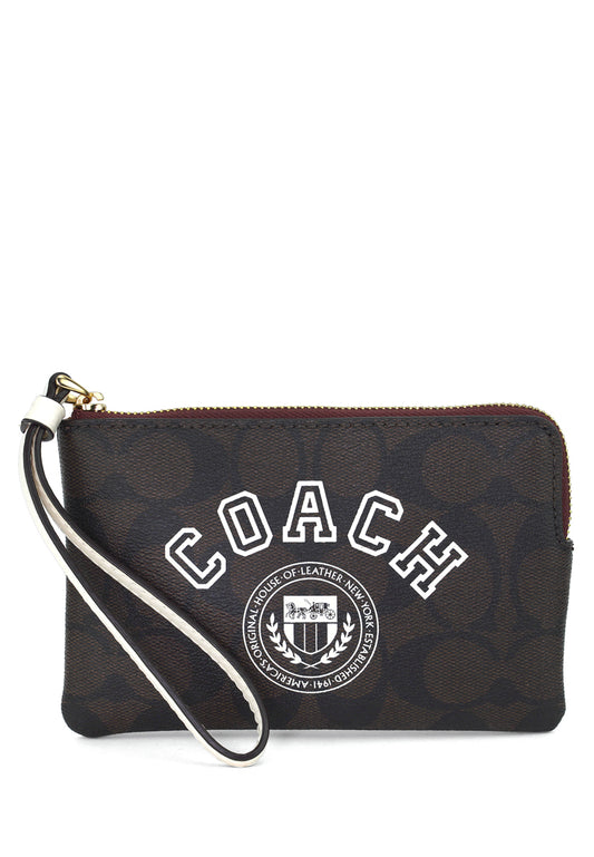 Coach Corner Zip Wristlet In Signature Canvas With Varsity Motif - Dark Brown/White