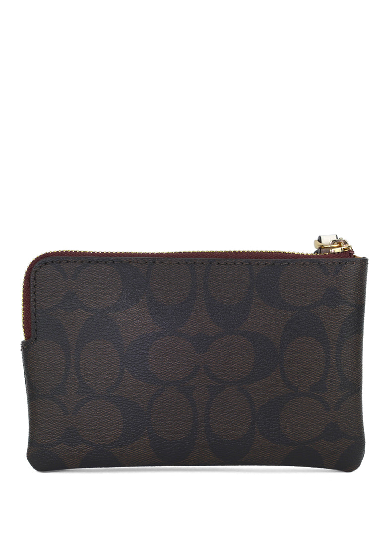 Coach Corner Zip Wristlet In Signature Canvas With Varsity Motif - Dark Brown/White