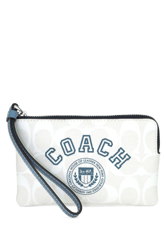 Coach Corner Zip Wristlet In Signature Canvas With Varsity Motif - White/Multi