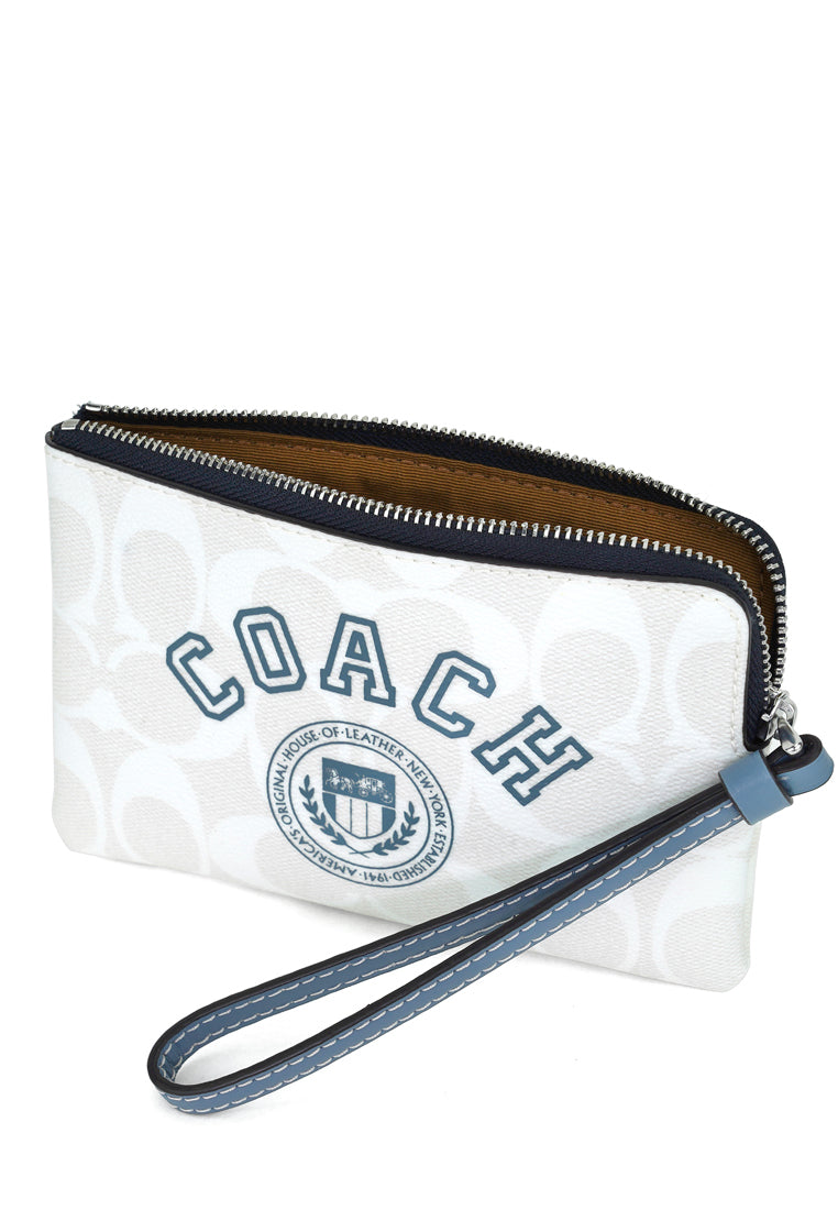 Coach Corner Zip Wristlet In Signature Canvas With Varsity Motif - White/Multi