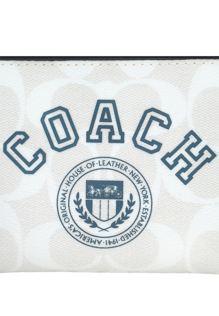 Coach Corner Zip Wristlet In Signature Canvas With Varsity Motif - White/Multi