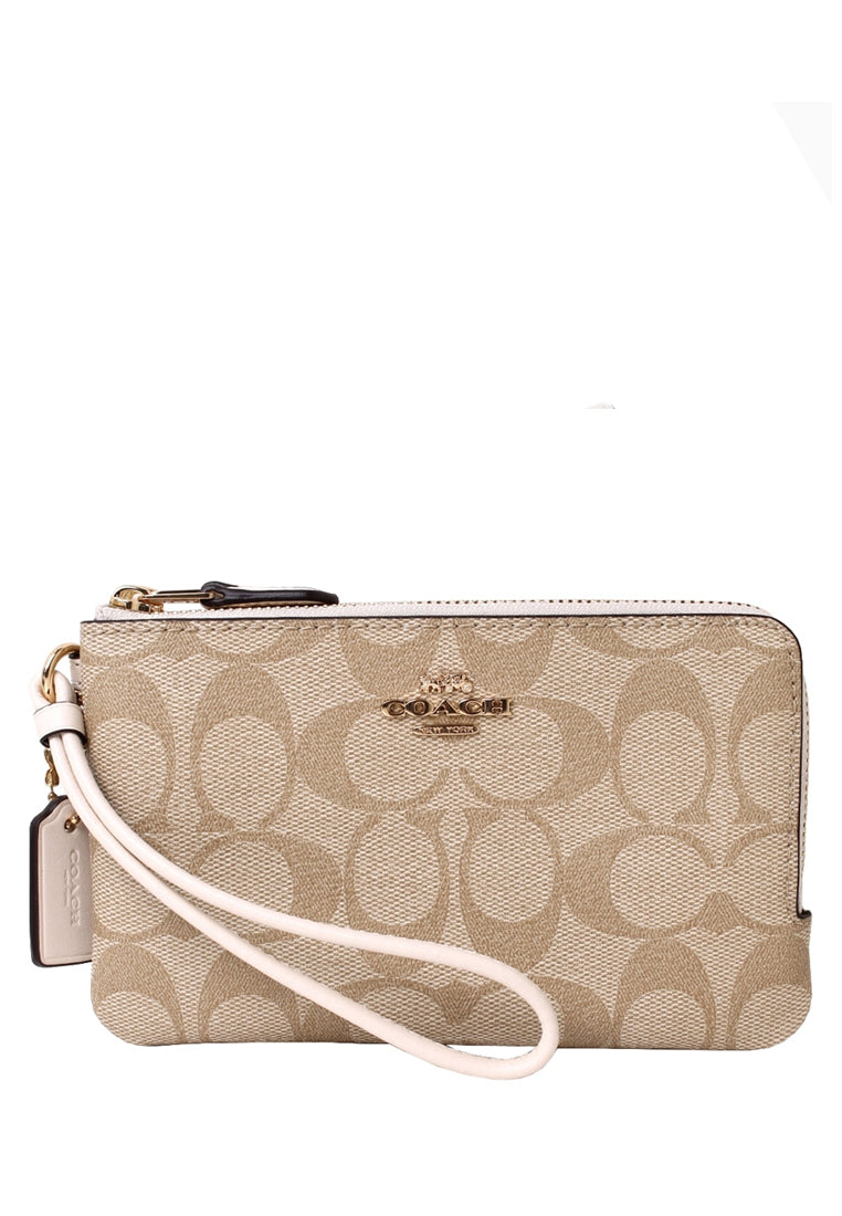 Coach Double Corner Zip Wristlet In Signature Canvas - Light Brown