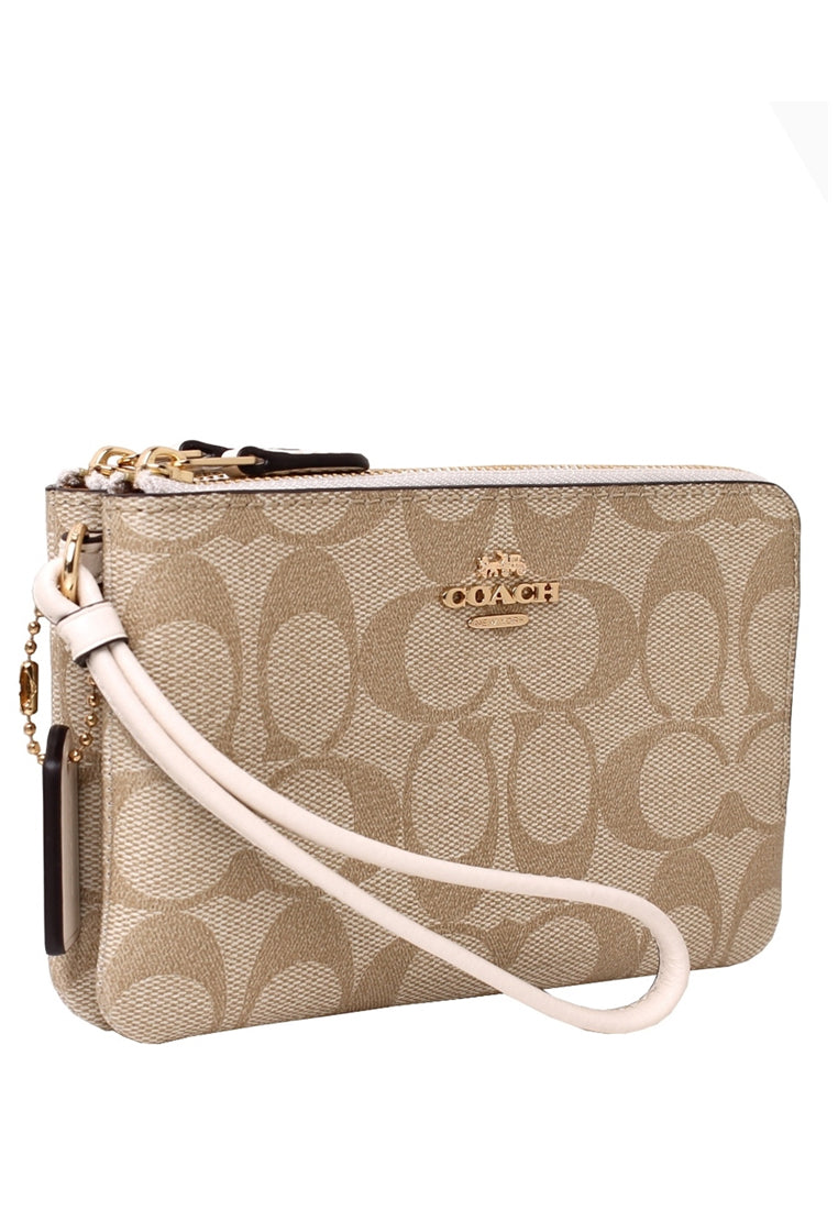 Coach Double Corner Zip Wristlet In Signature Canvas - Light Brown