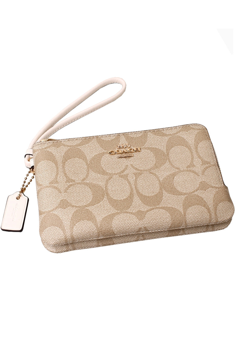 Coach Double Corner Zip Wristlet In Signature Canvas - Light Brown