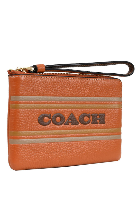 Coach Corner Zip Wristlet With Coach Stripe - Orange