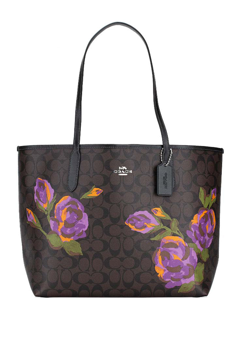 Coach City Tote In Signature Canvas With Rose Print - Dark Brown/Multi