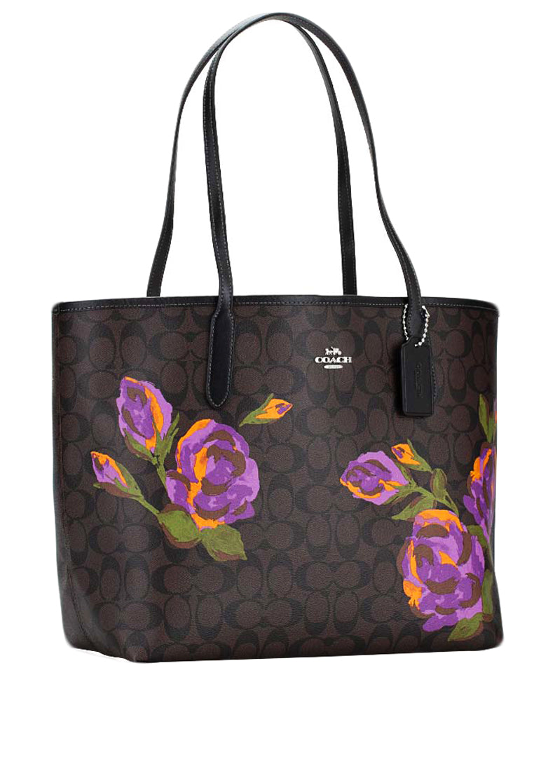 Coach City Tote In Signature Canvas With Rose Print - Dark Brown/Multi