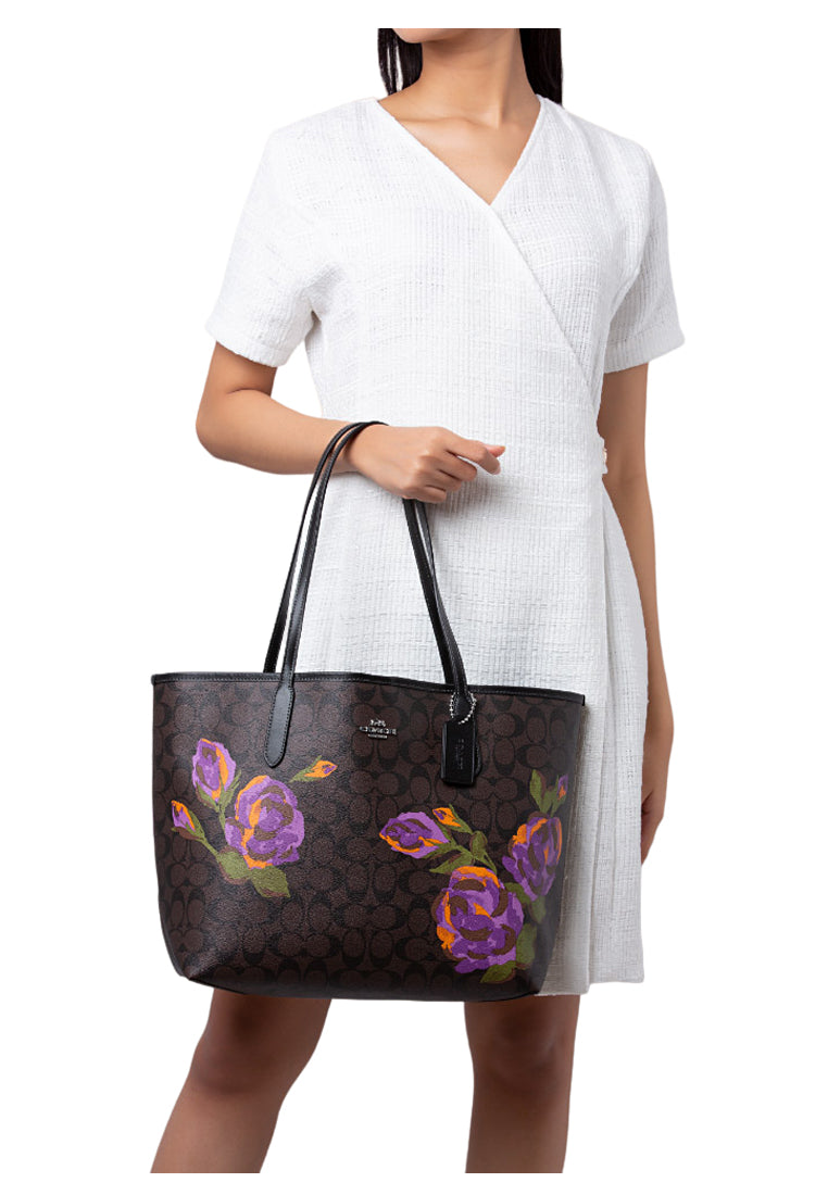 Coach City Tote In Signature Canvas With Rose Print - Dark Brown/Multi