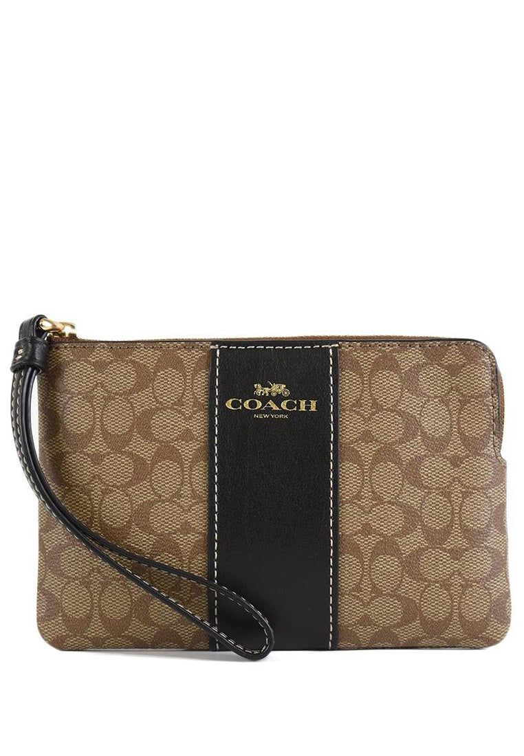 Coach Corner Zip Wristlet In Signature Canvas - Brown/Black