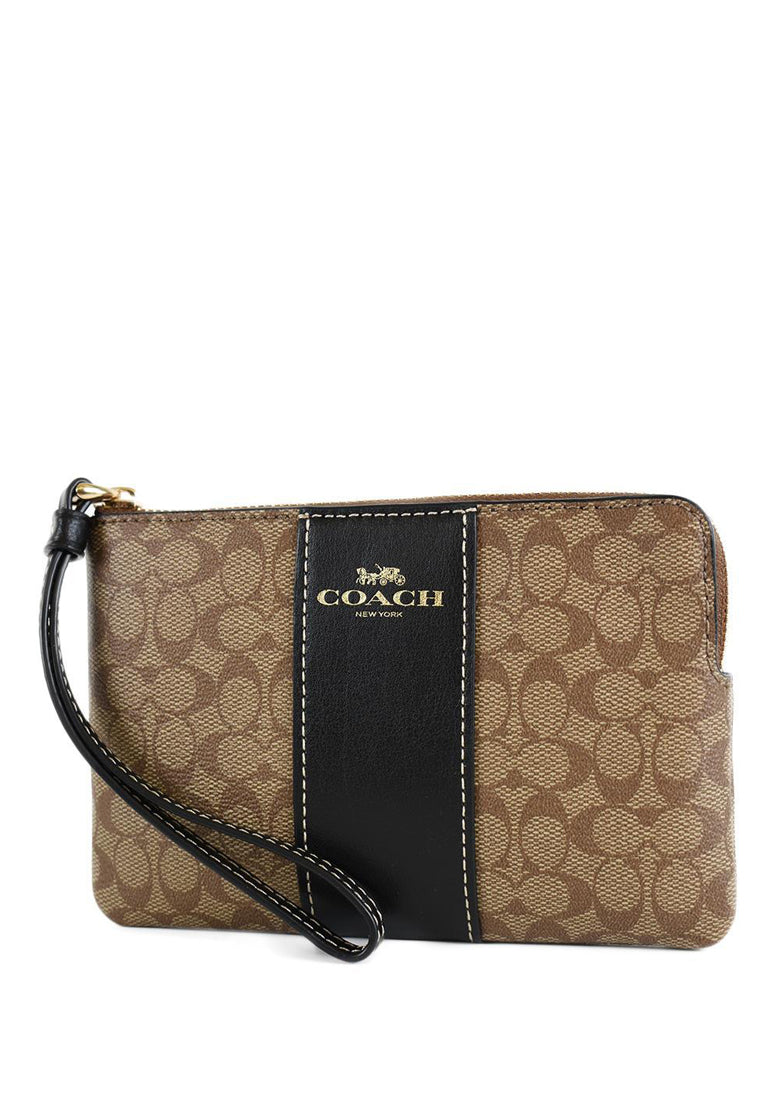 Coach Corner Zip Wristlet In Signature Canvas - Brown/Black