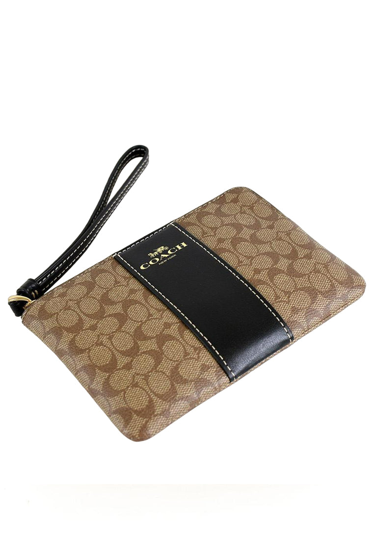 Coach Corner Zip Wristlet In Signature Canvas - Brown/Black