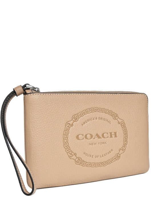 Coach Large Corner Zip Wristlet With Coach Heritage - Beige