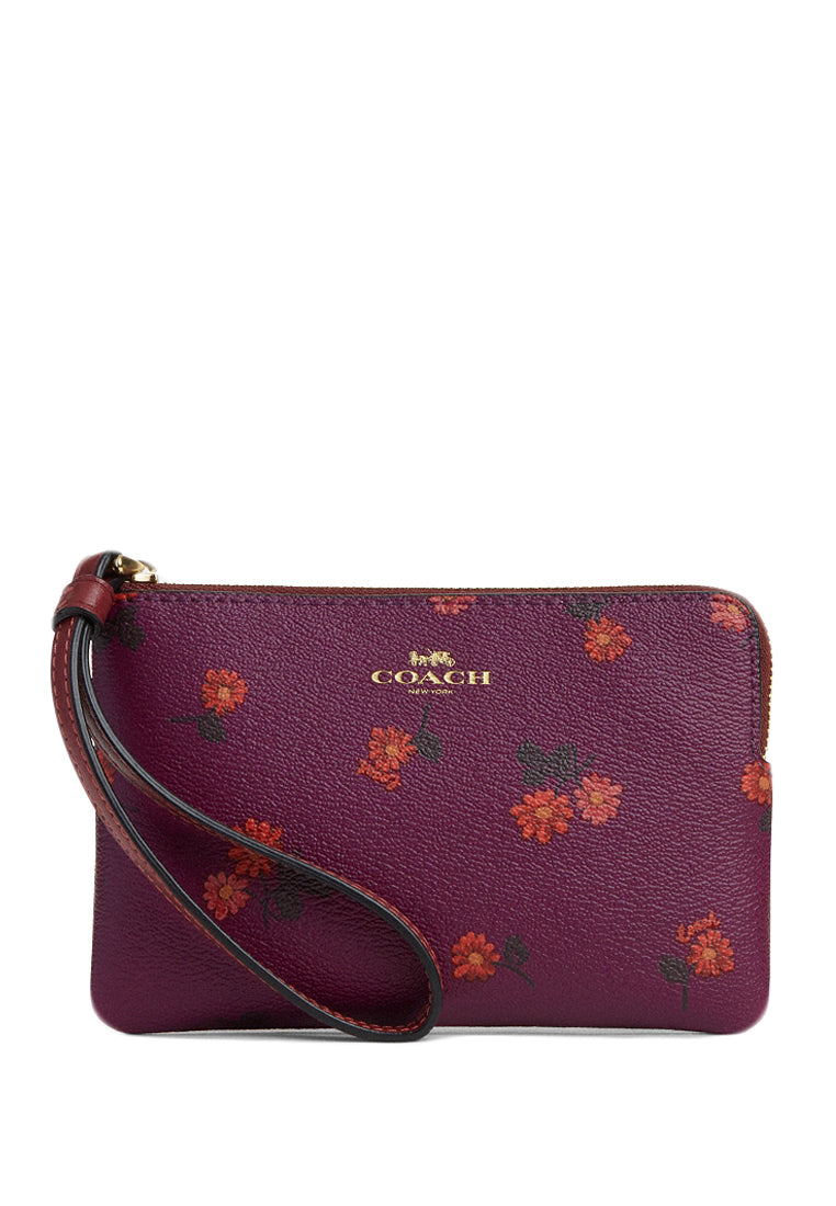 Coach Corner Zip Wristlet With Country Floral Print - Deep Berry