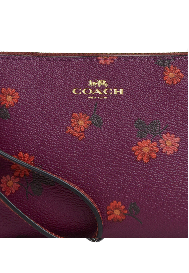 Coach Corner Zip Wristlet With Country Floral Print - Deep Berry