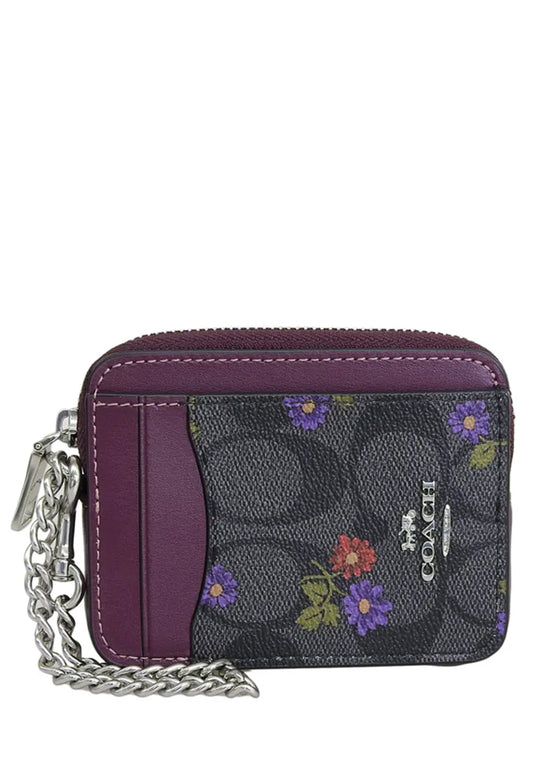 Coach Zip Card Case In Signature Canvas With Country Floral Print - Black/Multi